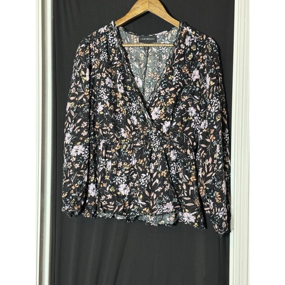Lane Bryant Boho Cottage Top‎ 14 16 Navy Pink Floral Faux Wrap Peplum Balloon - Picture 5 of 11